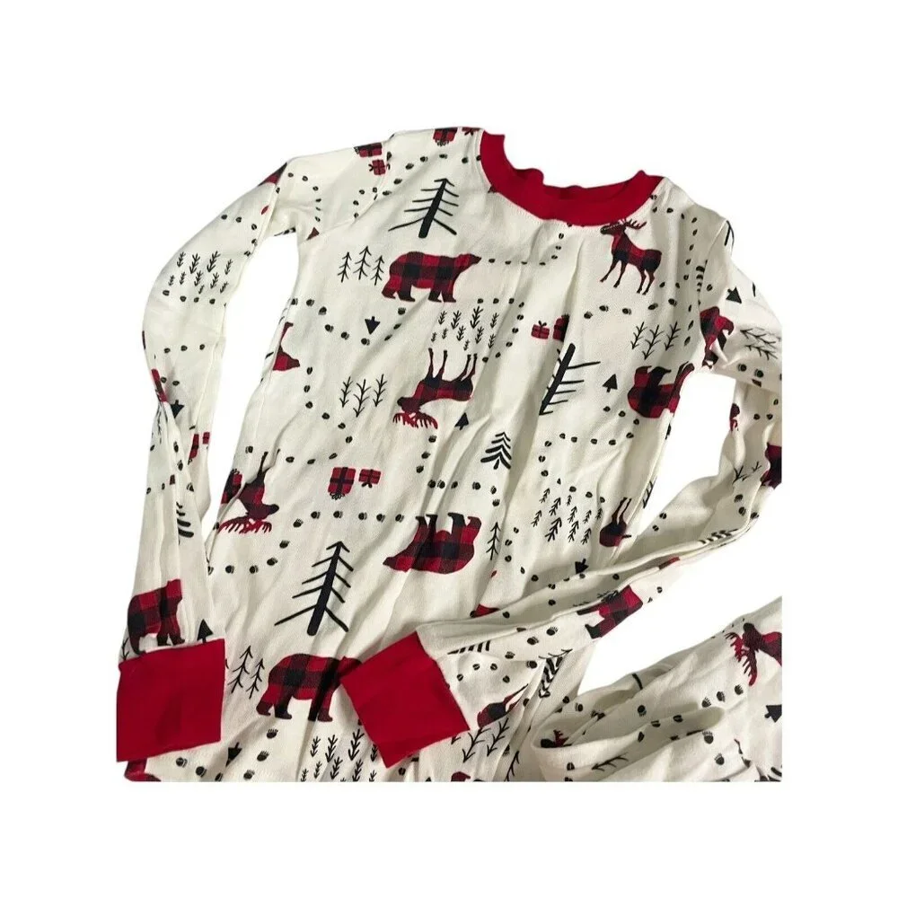 The Children's Place Pajama Set Kids 8 White Red Buffalo Plaid Bear Moose Winter